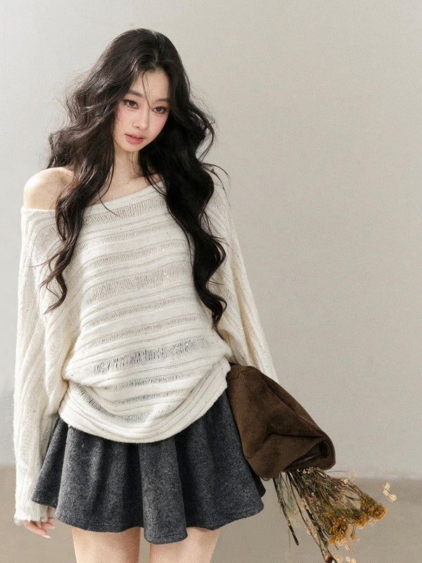 AOMALM - "Apricot Dusk" Off-Shoulder Batwing Sweater – Milky White