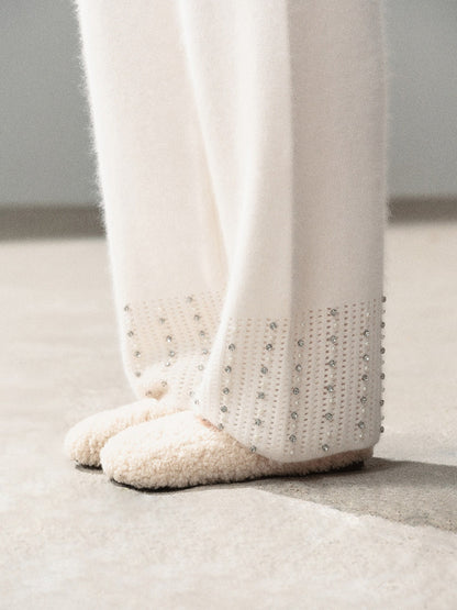 AOMALM - "Moonlit Silver" Bead-Detail Wide-Leg Knit Pants – Milky Beige White