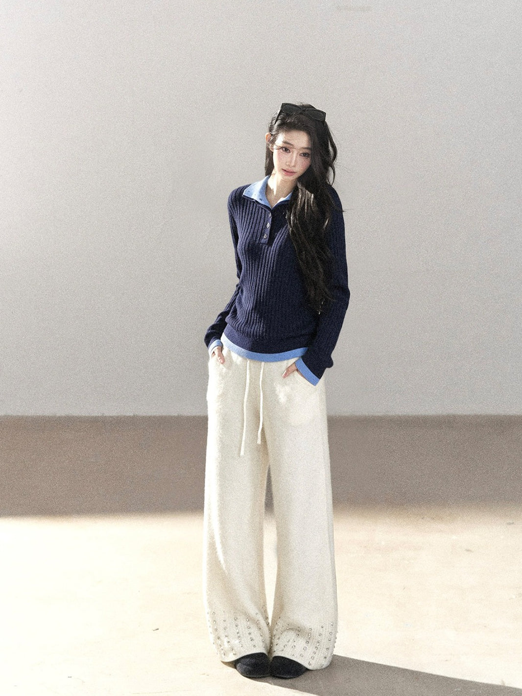 AOMALM - "Moonlit Silver" Bead-Detail Wide-Leg Knit Pants – Milky Beige White