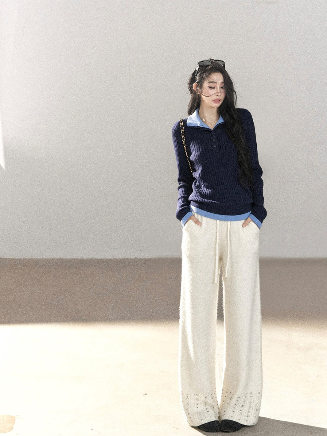 AOMALM - "Moonlit Silver" Bead-Detail Wide-Leg Knit Pants – Milky Beige White