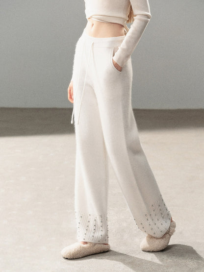 AOMALM - "Moonlit Silver" Bead-Detail Wide-Leg Knit Pants – Milky Beige White
