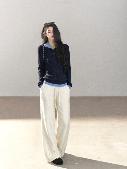 AOMALM - "Moonlit Silver" Bead-Detail Wide-Leg Knit Pants – Milky Beige White