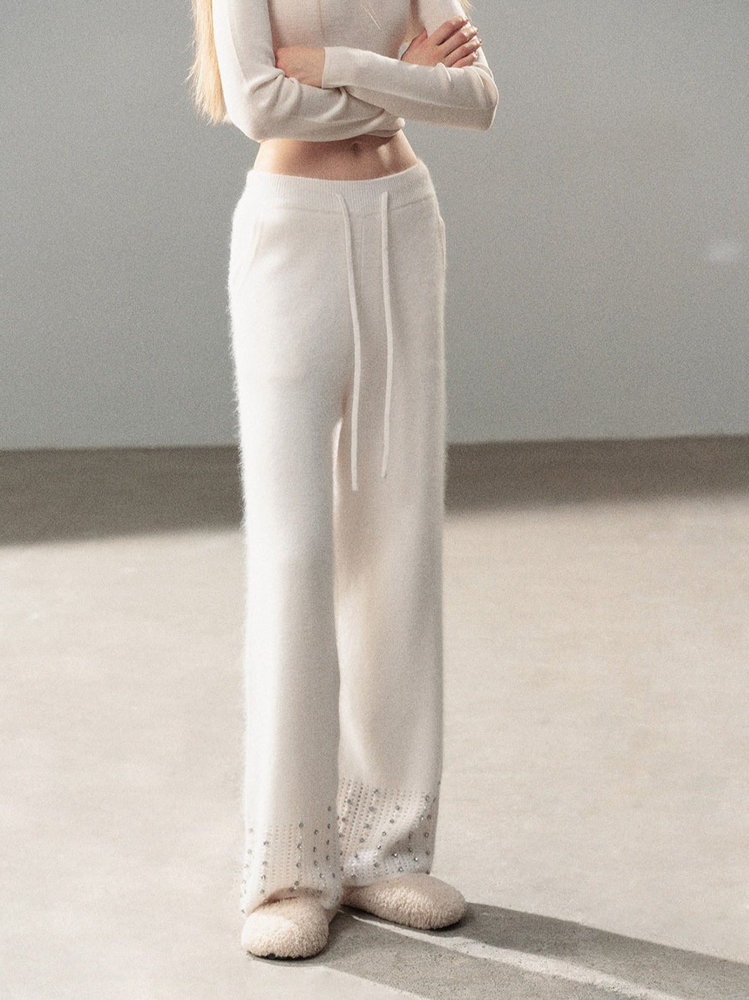AOMALM - "Moonlit Silver" Bead-Detail Wide-Leg Knit Pants – Milky Beige White