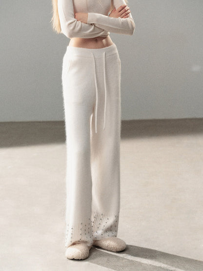 AOMALM - "Moonlit Silver" Bead-Detail Wide-Leg Knit Pants – Milky Beige White