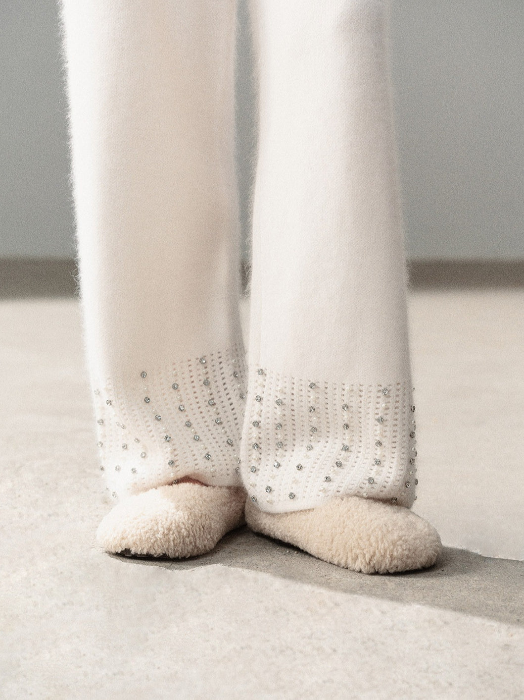 AOMALM - "Moonlit Silver" Bead-Detail Wide-Leg Knit Pants – Milky Beige White