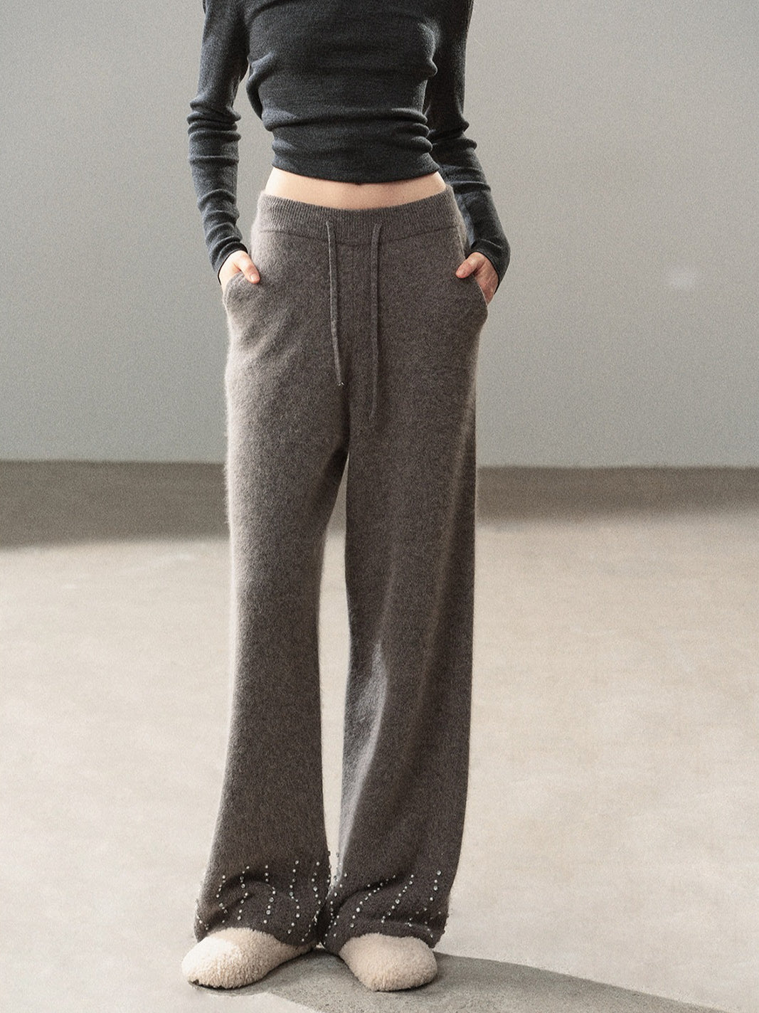 AOMALM - "Moonlit Silver" Bead-Detail Wide-Leg Knit Pants – Cloud Gray