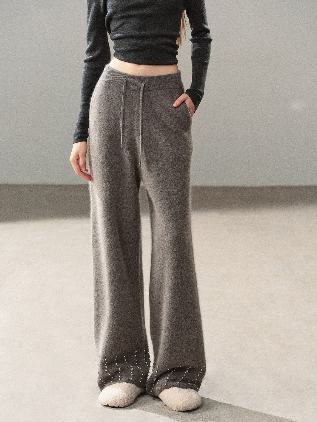 AOMALM - "Moonlit Silver" Bead-Detail Wide-Leg Knit Pants – Cloud Gray