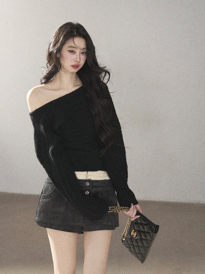AOMALM - "Windwoven Warmth" Off-Shoulder Cable Knit Sweater – Midnight Black