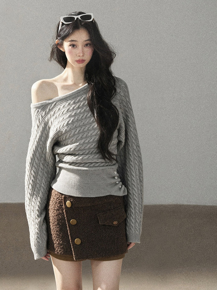 AOMALM - "Windwoven Warmth" Off-Shoulder Cable Knit Sweater – Pearl Gray