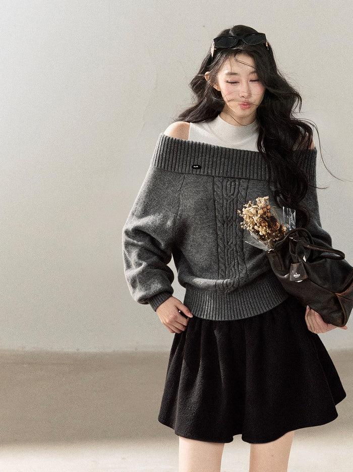 AOMALM - Mist Gray Cable Knit Sweater and Mock Neck Tank Top Set