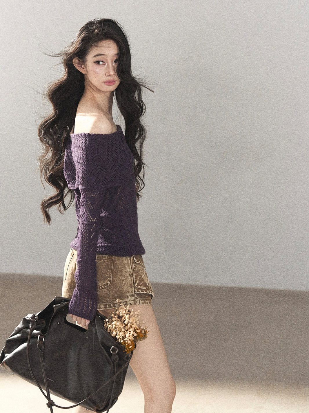 AOMALM - "Wisteria Bloom" Openwork Crochet Sweater – Aubergine