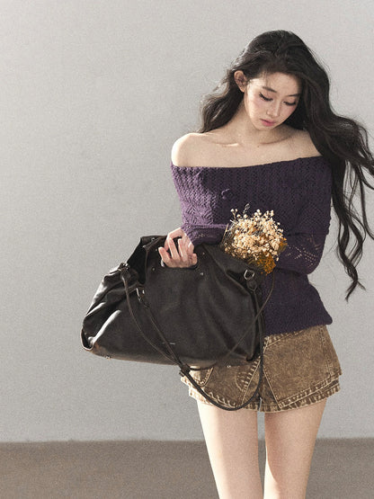 AOMALM - "Wisteria Bloom" Openwork Crochet Sweater – Aubergine