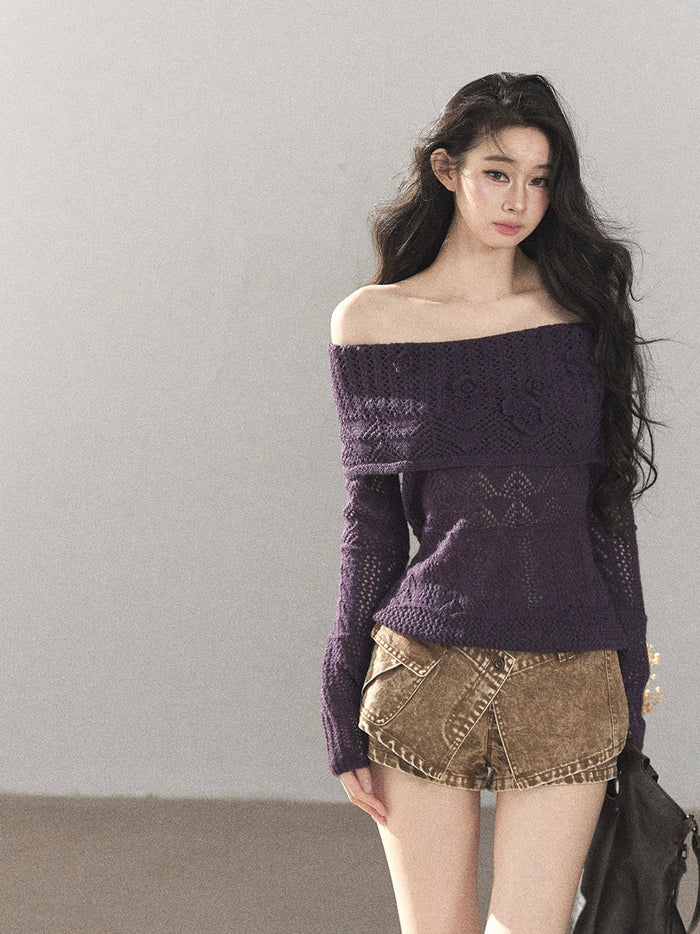 AOMALM - "Wisteria Bloom" Openwork Crochet Sweater – Aubergine