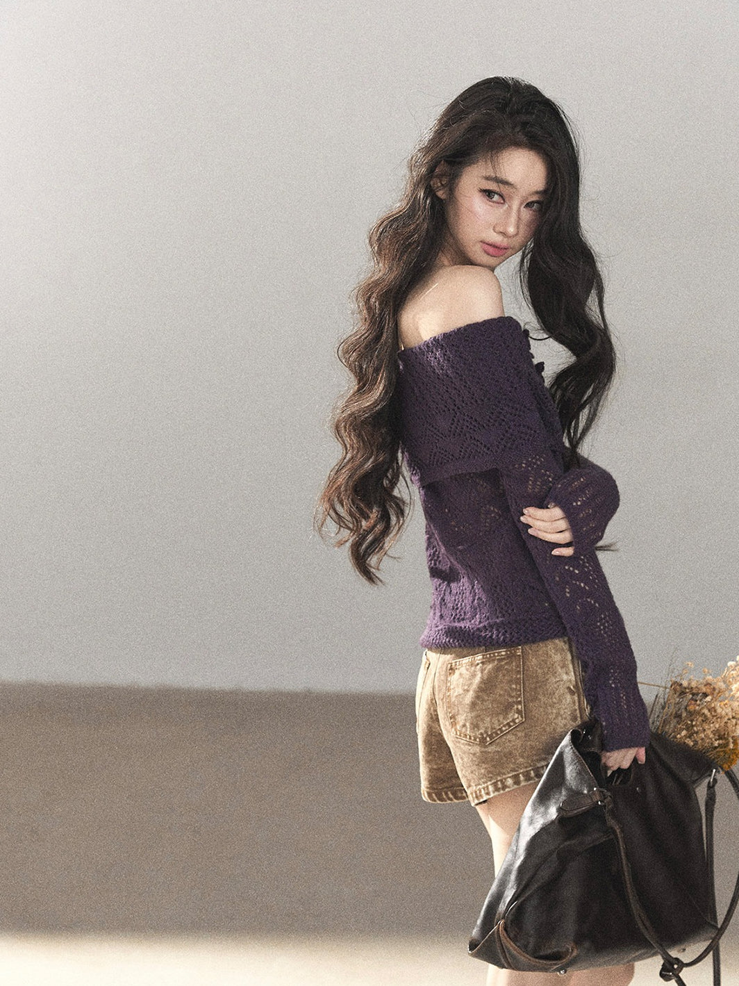 AOMALM - "Wisteria Bloom" Openwork Crochet Sweater – Aubergine
