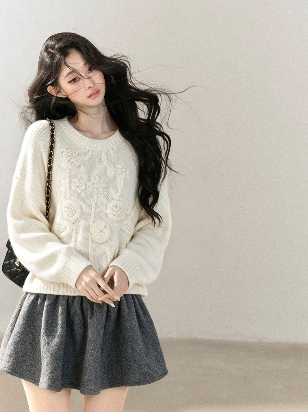 AOMALM - "Afternoon Sunshine" 3D Floral Knit Sweater – Milky Beige White