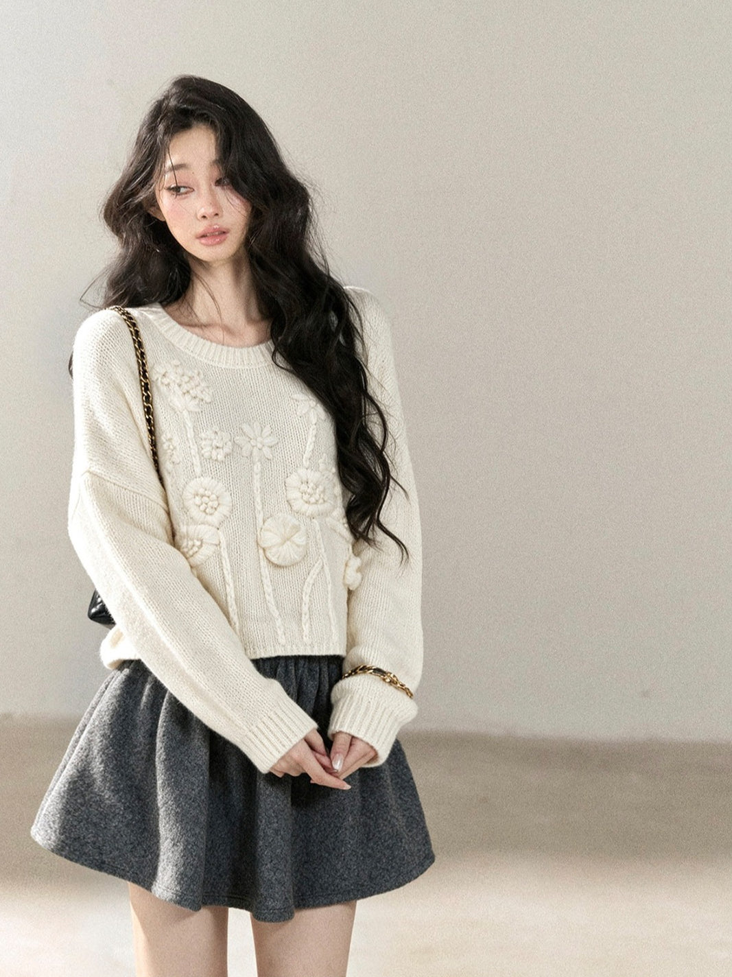 AOMALM - "Afternoon Sunshine" 3D Floral Knit Sweater – Milky Beige White