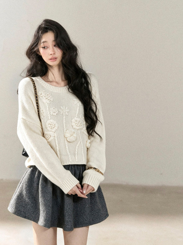 AOMALM - "Afternoon Sunshine" 3D Floral Knit Sweater – Milky Beige White