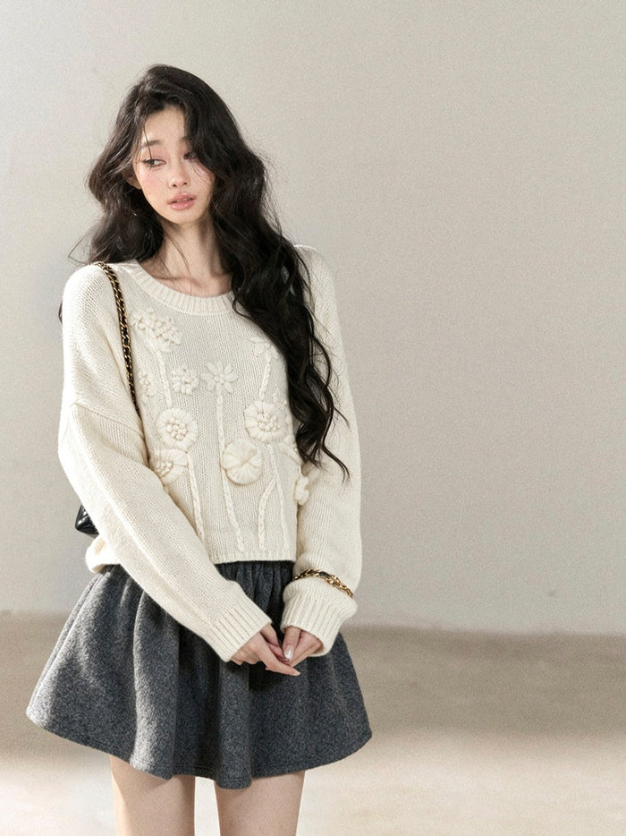 AOMALM - "Afternoon Sunshine" 3D Floral Knit Sweater – Milky Beige White