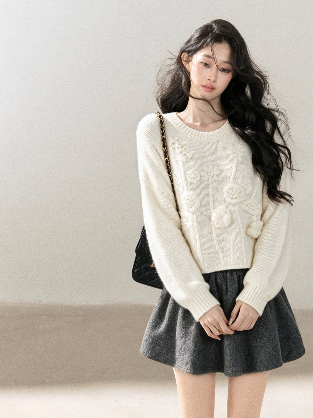 AOMALM - "Afternoon Sunshine" 3D Floral Knit Sweater – Milky Beige White