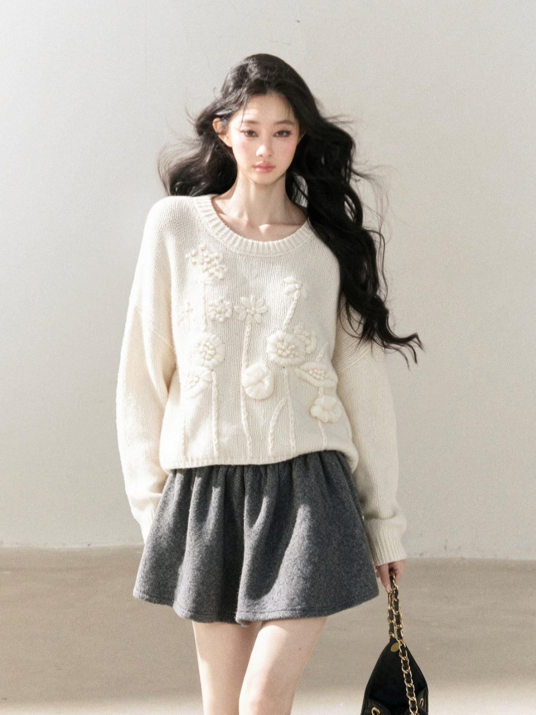 AOMALM - "Afternoon Sunshine" 3D Floral Knit Sweater – Milky Beige White