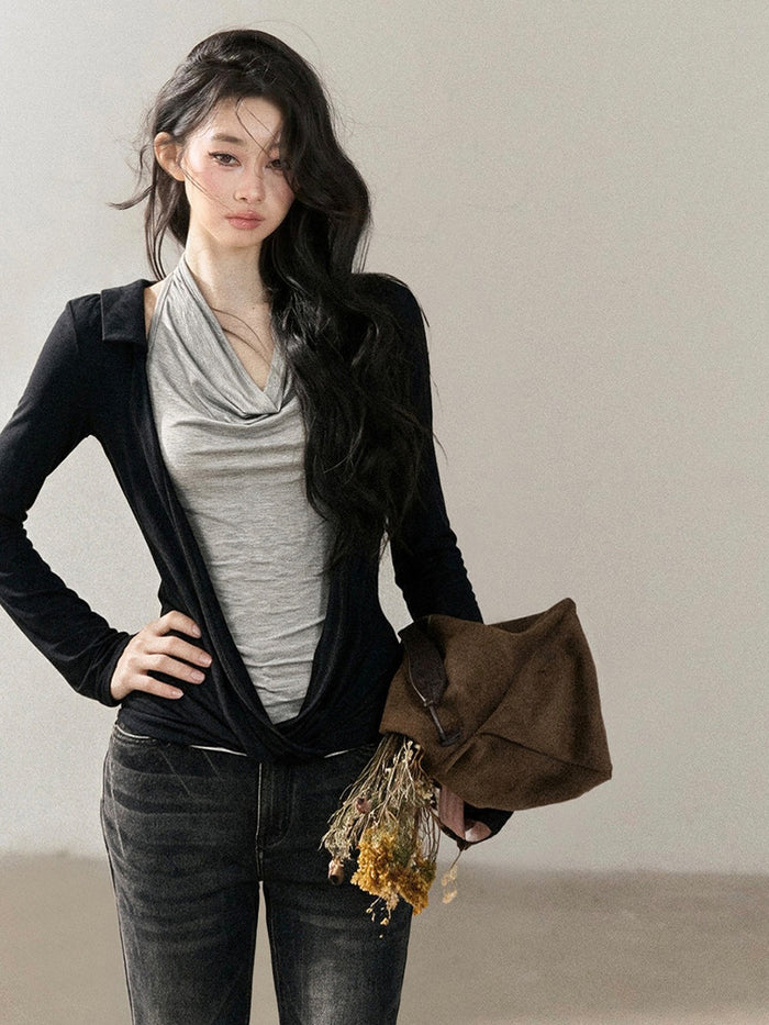 AOMALM - "Soft Dusk" Faux Two-Piece Cowl Neck Long Sleeve Top – Quiet Black