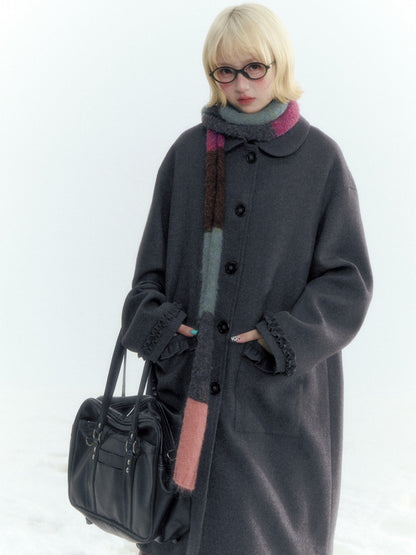 Horridale - Korean-Inspired Dark Gray Ruffle-Trim Long Wool-Blend Coat