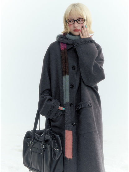 Horridale - Korean-Inspired Dark Gray Ruffle-Trim Long Wool-Blend Coat