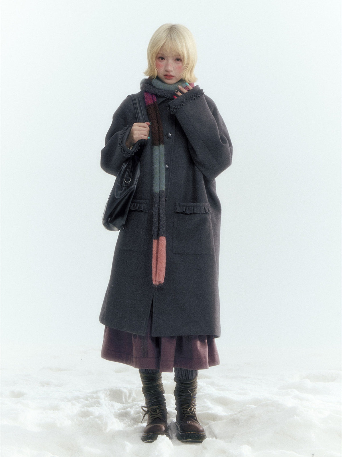 Horridale - Korean-Inspired Dark Gray Ruffle-Trim Long Wool-Blend Coat