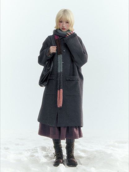 Horridale - Korean-Inspired Dark Gray Ruffle-Trim Long Wool-Blend Coat