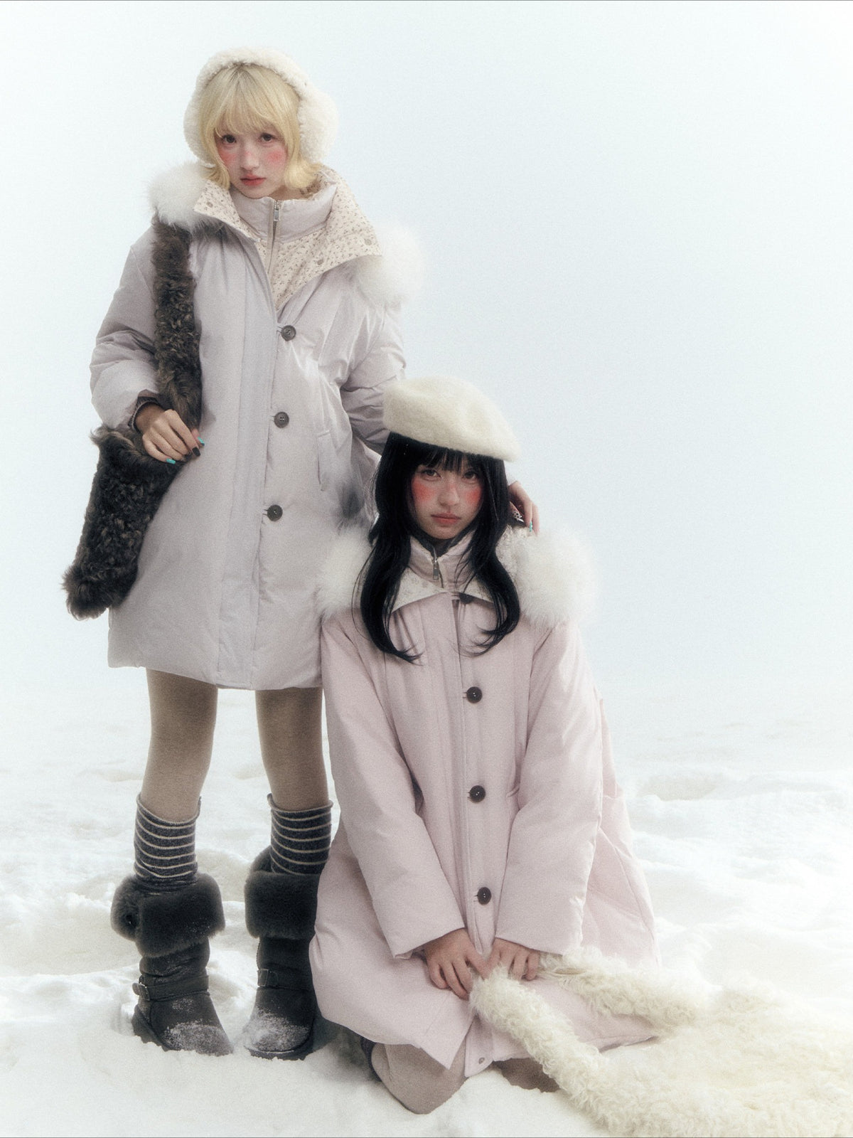 Horridale - Snow-Dusted Floral 90% White Duck Down Puffer Jacket (Light Peach Pink / Silver Gray)