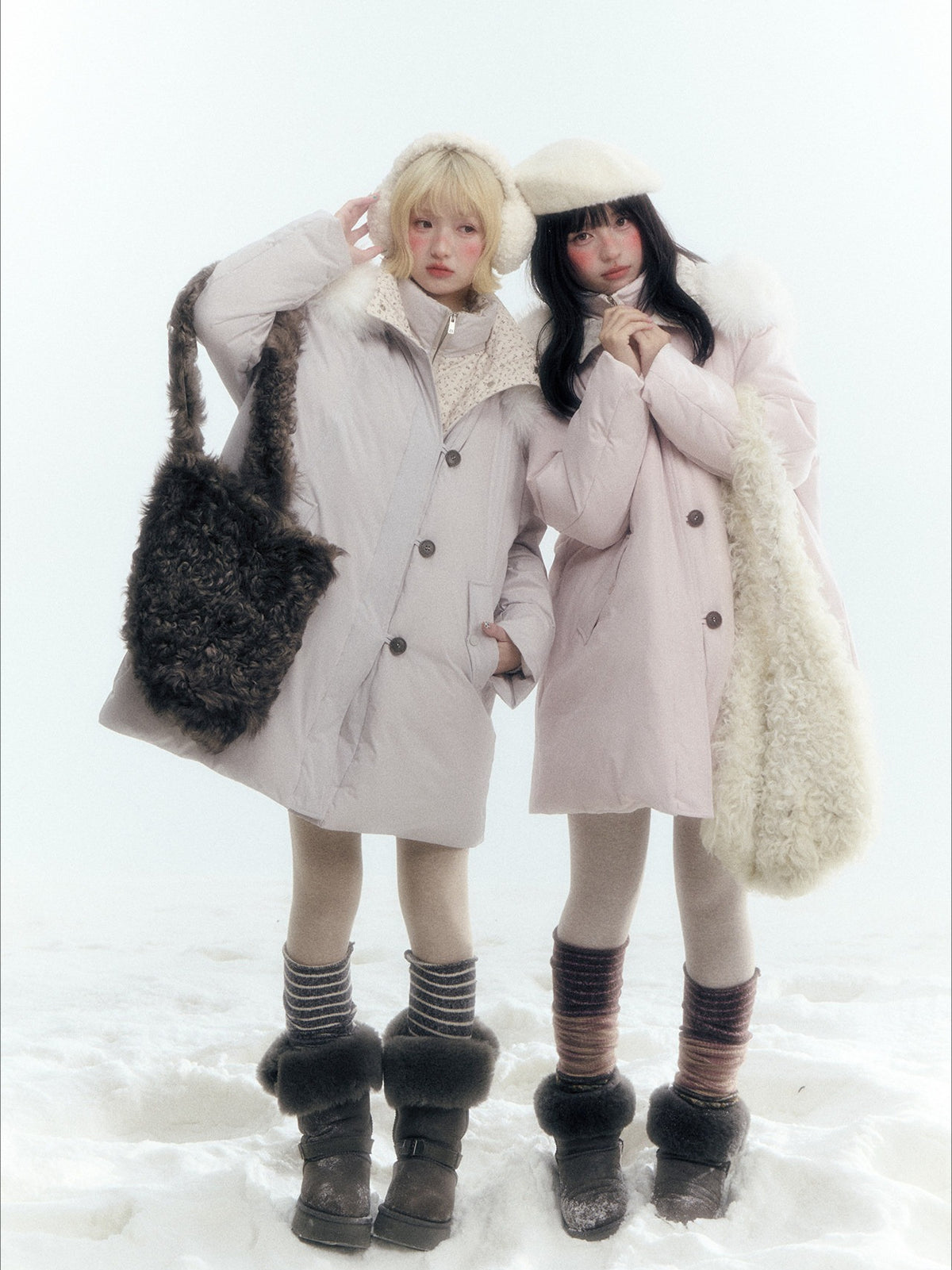 Horridale - Snow-Dusted Floral 90% White Duck Down Puffer Jacket (Light Peach Pink / Silver Gray)