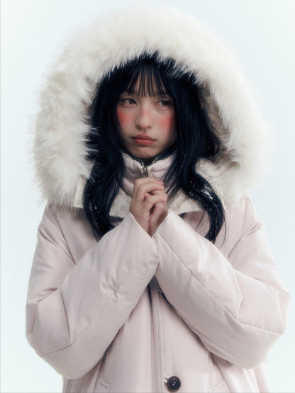 Horridale - Snow-Dusted Floral 90% White Duck Down Puffer Jacket (Light Peach Pink / Silver Gray)