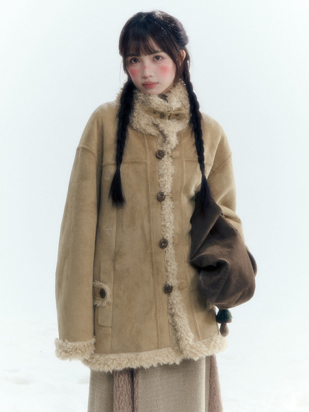 Horridale - Vintage Tan Suede-Effect Sherpa-Lined Stand Collar Jacket