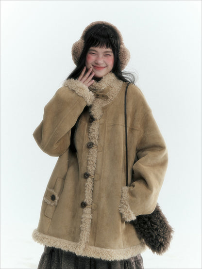 Horridale - Vintage Tan Suede-Effect Sherpa-Lined Stand Collar Jacket