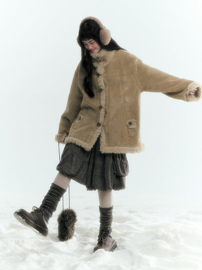 Horridale - Vintage Tan Suede-Effect Sherpa-Lined Stand Collar Jacket