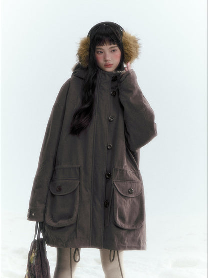Horridale - Vintage Washed 90% White Duck Down Parka with Faux Fur Hood - Coffee Brown