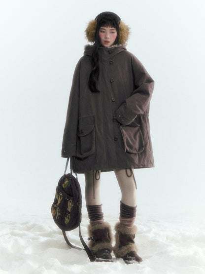 Horridale - Vintage Washed 90% White Duck Down Parka with Faux Fur Hood - Coffee Brown