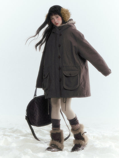 Horridale - Vintage Washed 90% White Duck Down Parka with Faux Fur Hood - Coffee Brown
