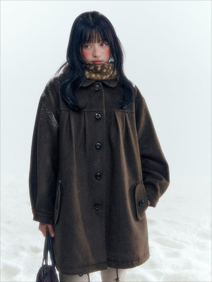 Horridale - Peter Pan Collar Pleated Mid-Length Wool-Blend Coat – Brown Coffee