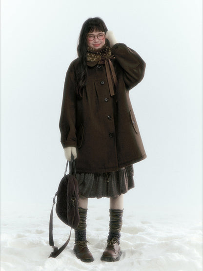 Horridale - Peter Pan Collar Pleated Mid-Length Wool-Blend Coat – Brown Coffee