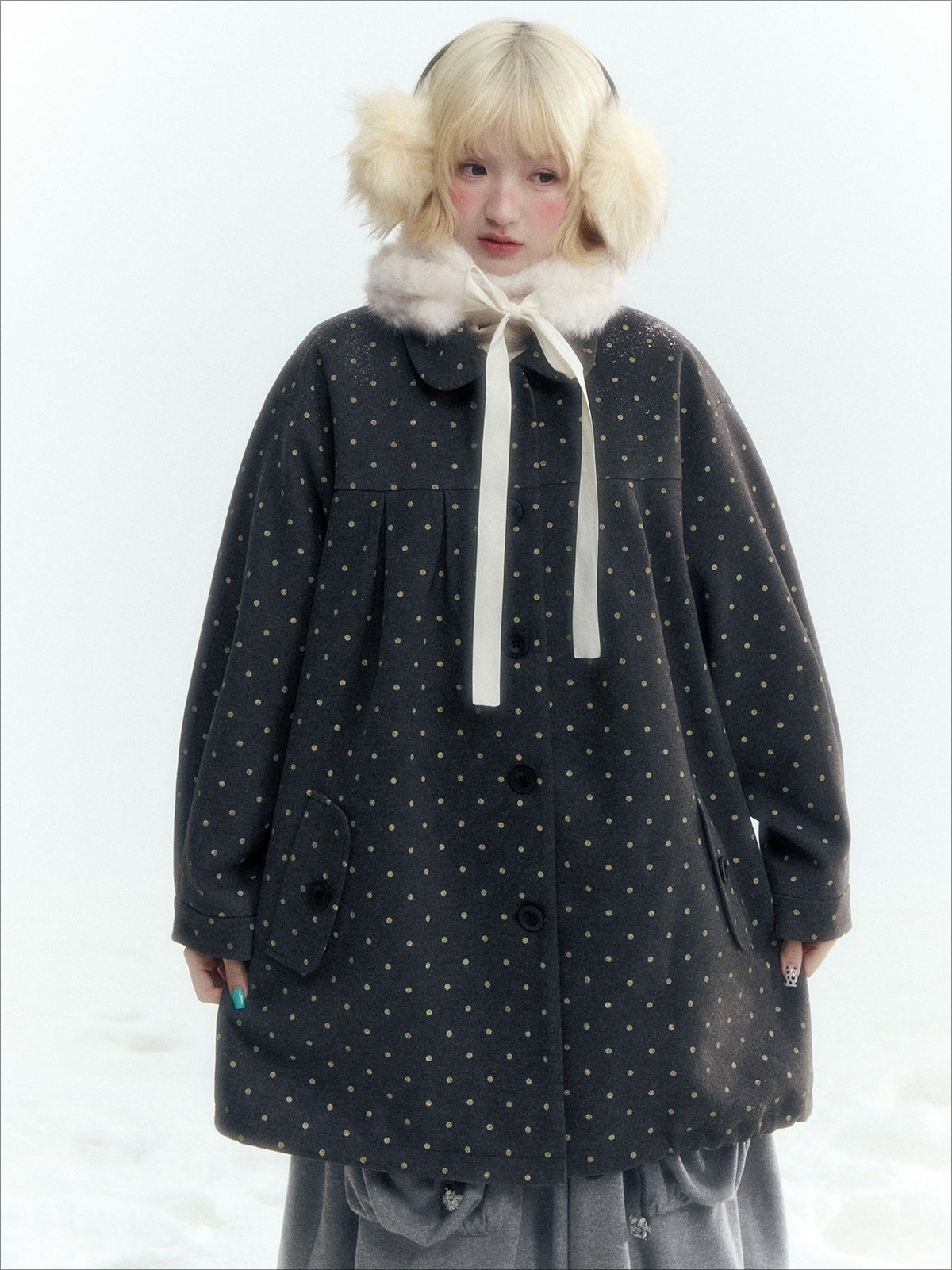 Horridale - Peter Pan Collar Pleated Mid-Length Wool-Blend Coat – Gray Polka Dot