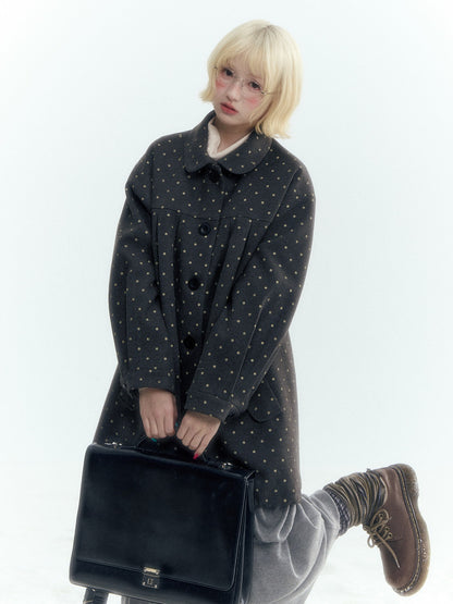 Horridale - Peter Pan Collar Pleated Mid-Length Wool-Blend Coat – Gray Polka Dot