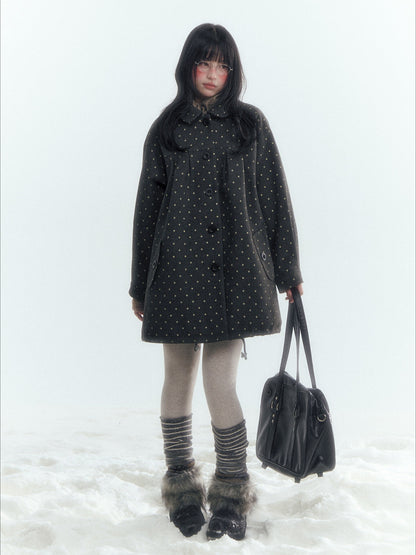 Horridale - Peter Pan Collar Pleated Mid-Length Wool-Blend Coat – Gray Polka Dot