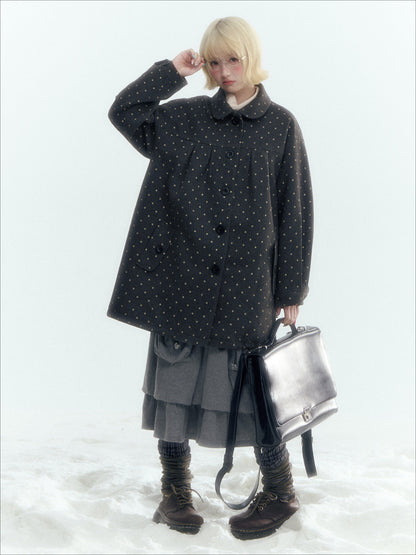 Horridale - Peter Pan Collar Pleated Mid-Length Wool-Blend Coat – Gray Polka Dot