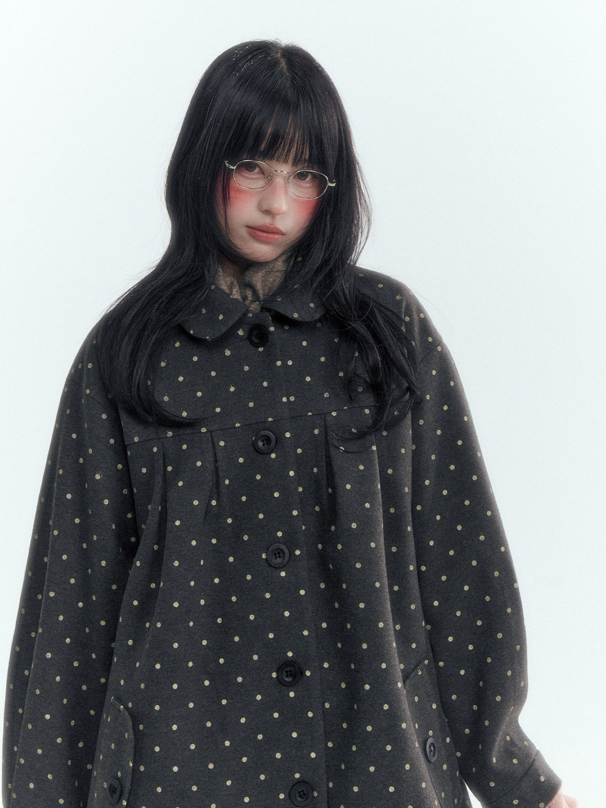 Horridale - Peter Pan Collar Pleated Mid-Length Wool-Blend Coat – Gray Polka Dot