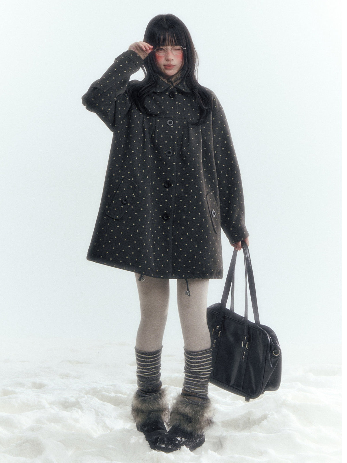 Horridale - Peter Pan Collar Pleated Mid-Length Wool-Blend Coat – Gray Polka Dot