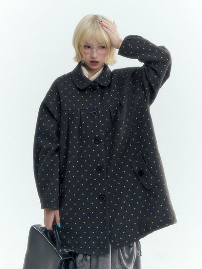 Horridale - Peter Pan Collar Pleated Mid-Length Wool-Blend Coat – Gray Polka Dot