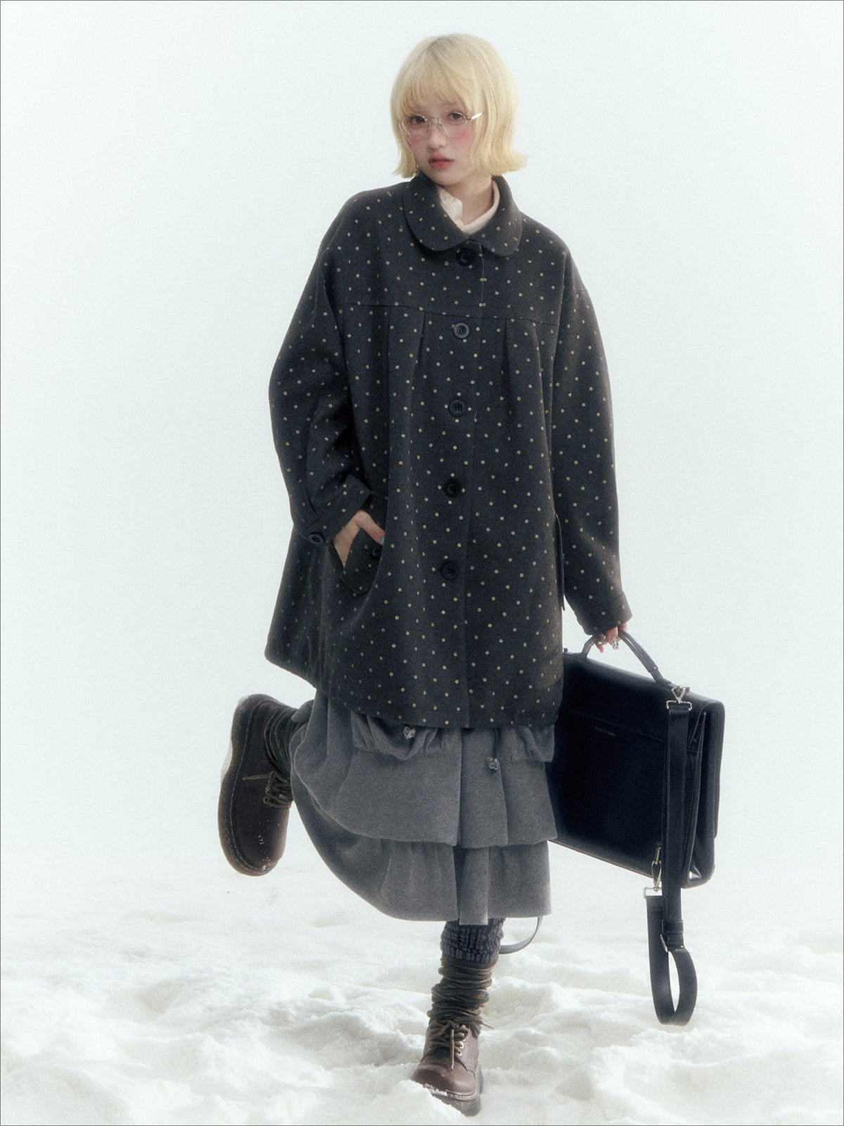 Horridale - Peter Pan Collar Pleated Mid-Length Wool-Blend Coat – Gray Polka Dot