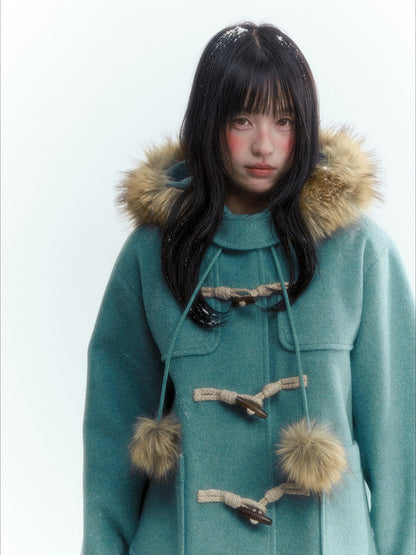 Horridale - Preppy Hooded Wool-Blend Duffle Coat with Pom-Pom Details – Blue Green