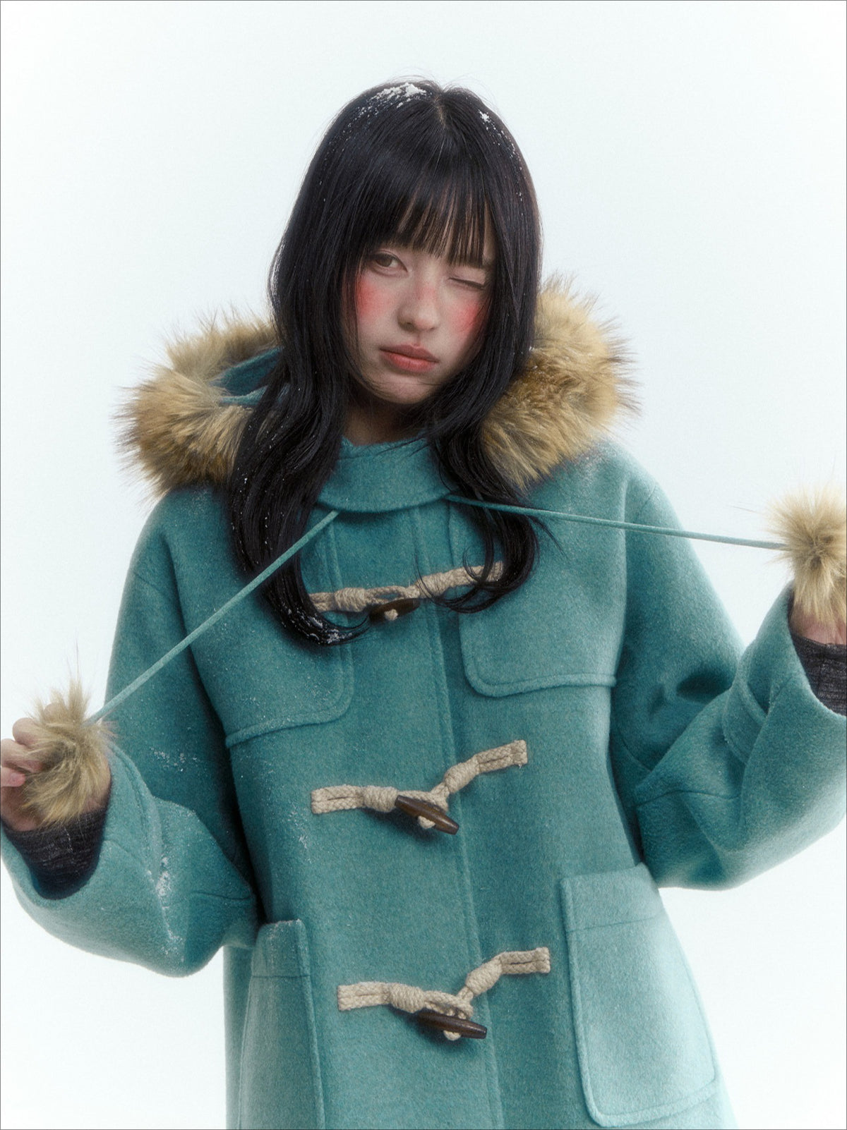Horridale - Preppy Hooded Wool-Blend Duffle Coat with Pom-Pom Details – Blue Green